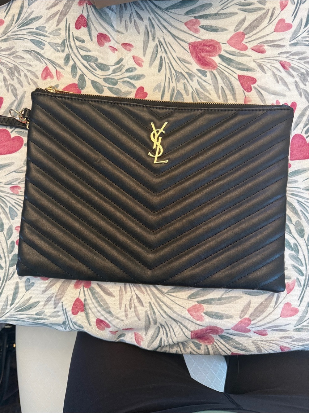 Saint Laurent Black Chevron Quilted Wrist Pouch with Gold YSL Emblem 12x8